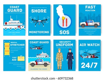 coast guard day cards set. Guarding the order of flyear, magazines, posters, book cover, banners. Devices infographic concept background. Layout illustrations template pages with typography text