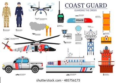 coast guard day flat icoms set. Guarding the order background. Devices infographic concept. Layout illustrations template