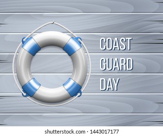 Coast guard day greeting card. Life Buoy on a Wooden Paneled Wall with Copy Space. Vector illustration