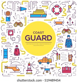 coast guard day illustration vector outline icon set. Thin line guarding the order elements concept 