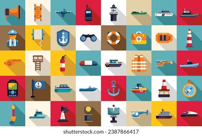 Coast guard icons set flat vector. Sea ship coast. Guard radio