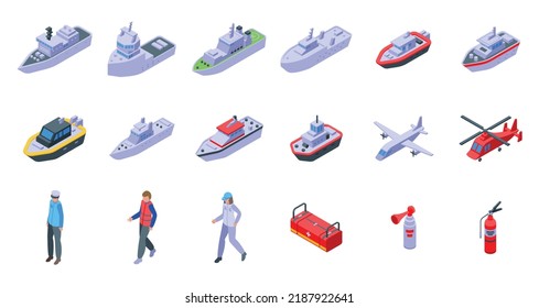 Coast guard icons set isometric vector. Dron sea. Ship coast