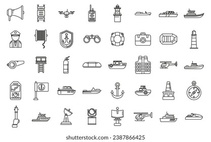 Coast guard icons set outline vector. Sea ship coast. Guard radio