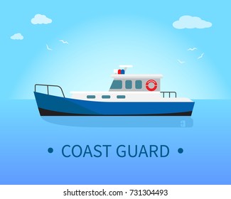 Coast guard ship in blue waters at sunny day vector illustration isolated on white. Nautical marine boat for expedition sure bank