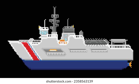 A Coast Guard Ship designed in 8 bit pixel. a Ship Pixel art illustration.