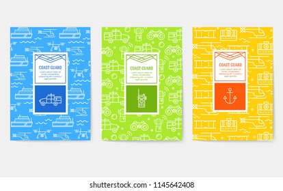 coast guard thin line brochure cards set. Guarding traditional template of flyear, magazines, posters, book cover, banners. Devices outline invitation concept background. Layout quality modern pages