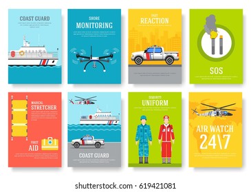 coast guard thin line brochure cards set. Guarding traditional template of flyear, magazines, posters, book cover, banners. Devices outline invitation concept background. Layout quality modern pages
