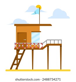 Coast guard tower building concept. living space construction. Station beach building. The beach security building is useful for monitoring visitors on the beach. flat vector illustration.