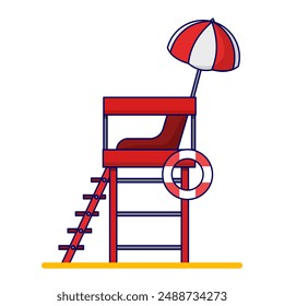 Concepto de construcción de la torre de la guardia costera. Edificio de la playa. El edificio de seguridad de la playa es útil para monitorear a los visitantes en la playa. Ilustración vectorial plana.