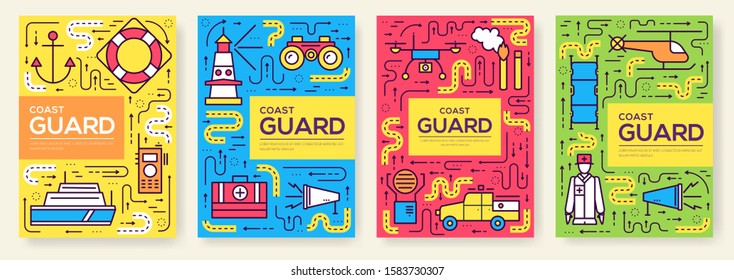 coast guard vector brochure cards thin line set. Guarding the order template of flyer, magazines, posters, book cover, banners. Layout  elements outline illustrations modern pages