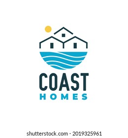 Coast Homes logo design, Wave Sea Water Ocean with Home House Building Cabin Cottage and Sun Sunrise Sunset logo design. Coastal, Pier, Beach, Beachfront and Waterfront logo design 