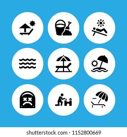 coast icon. 9 coast set with summer, sun umbrella, wave and beach vector icons for web and mobile app