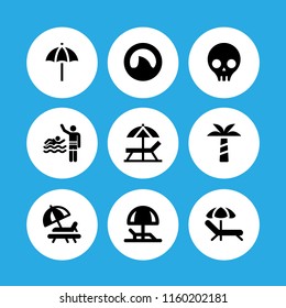 coast icon. 9 coast set with sunbed, hammock, shark fin and skeleton vector icons for web and mobile app