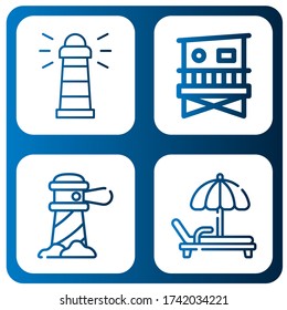 coast icon set. Collection of Lighthouse, Lifeguard tower, Deck chair icons