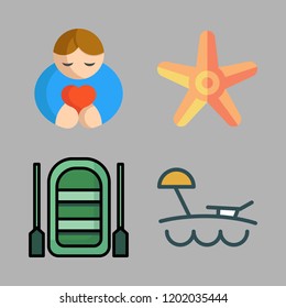coast icon set. vector set about beach, inflatable boat, hugh and starfish icons set.