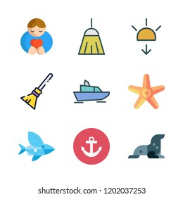 coast icon set. vector set about anchor, sea lion, sunset and hugh icons set.