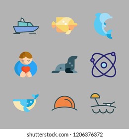 coast icon set. vector set about yatch, sunset, sea lion and dolphin icons set.