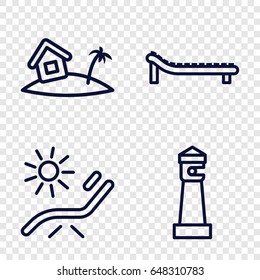 Coast icons set. set of 4 coast outline icons such as lighthouse, sunbed