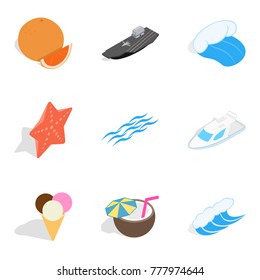 Coast icons set. Isometric set of 9 coast vector icons for web isolated on white background