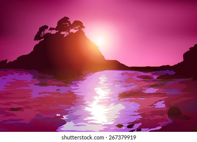 Coast with island at sunset purple colors