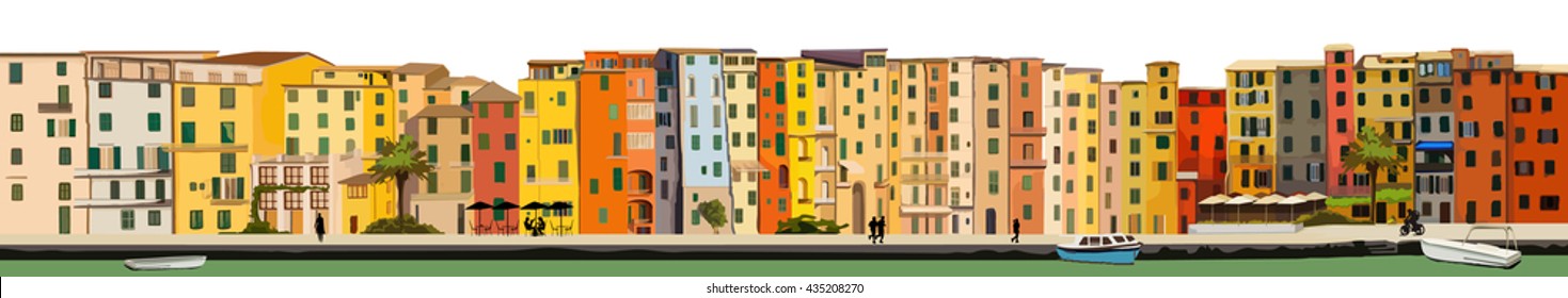 The coast of Italy city  skyline Porto Venere vector panoramic sketch drawing silhouette. Wide cityscape
Graphic image of the city skyline Porto Venere.