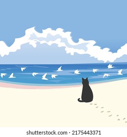 coast landscape and cute cat vector background.