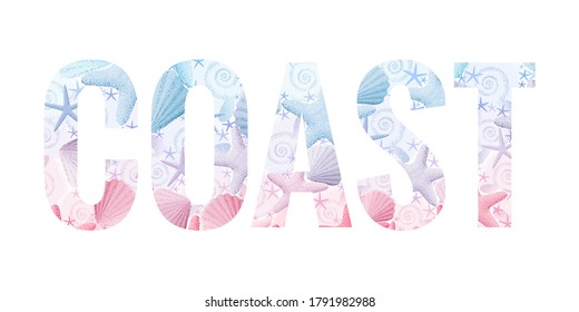 Coast lettering. Retro vector letters with seashells and starfishes. Vintage design element. Light and soft pastel colors