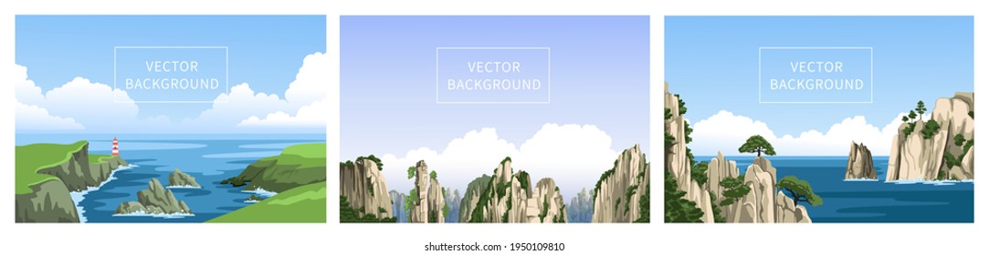 Coast with lighthouse, chinese mountains, rocky seascape, ocean. Set of realistic panoramic vector hand-drawn landscapes. Vertical vector backgrounds, flat illustrations.