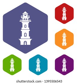 Coast lighthouse icons vector colorful hexahedron set collection isolated on white