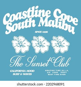 coast line cove south malibu california surf typography flowers vector design t-shirt