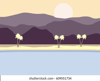 Coast with palm trees and mountains in the background. Tropical scenery. Vector illustration
