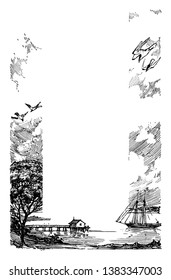 Coast with a pier sailboat and some seagulls flying overhead in this border, vintage line drawing or engraving illustration.