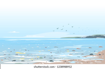 Coast polluted of plastic trash, garbage in sea water ecological disaster concept illustration, environmental pollution, trash in seawater, garbage on the beach