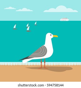 Coast poster concept. Seagull on sandy beach. Freehand fancy cartoon style. Seaside vacation design element. Retro vintage seashore scene. Marine vessel sailing sign symbol. Coastal vector background