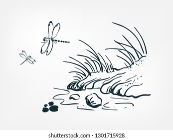coast river set collection japanese chinese oriental vector ink style design elements illustration
