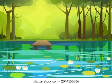 Coast of river,lake in summer forest. Beautiful natural wild landscape. Place for recreation and fishing. Wharf and water lily leaves. Reflection of trees. Background illustration vector