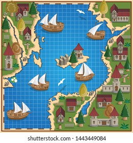 Coast with sailing ships. Medieval landscape. Vector illustration.