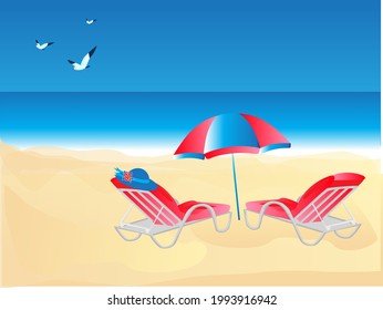 Coast of the sea beach. Relaxing under a beach umbrella, seagulls flying. Vector.