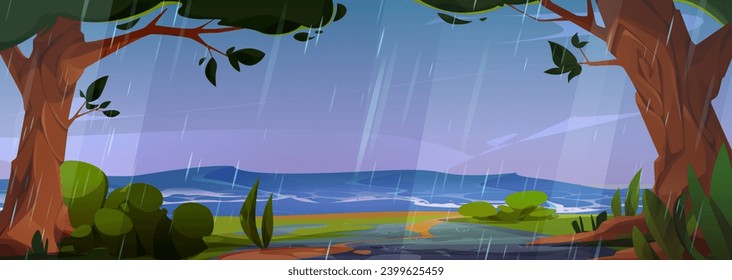 Coast of sea or ocean during storms and rain - water with waves, cloudy sky, falling raindrops. Cartoon thunderstorm vector landscape of seashore with green trees, grass and bushes and puddles.
