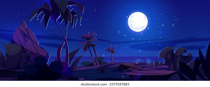 Costa de mar o océano con piedras y palmeras en la orilla por la noche bajo un cielo estrellado oscuro y luz de luna llena. Caricatura vectorial paisaje tropical costero de verano con agua tranquila en el crepúsculo.