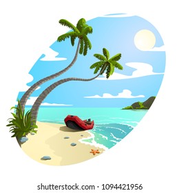 
Coast of the sea with palm trees and a boat