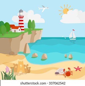 coast seascape with lighthouse and sailboat. vector