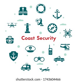 Coast security icon set isolated on white background