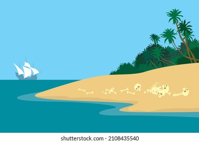 Costa de los Esqueletos. El paraíso tropical en medio del océano. Isla de piratas y caníbales. Imagen vectorial para impresiones, afiches e ilustraciones.