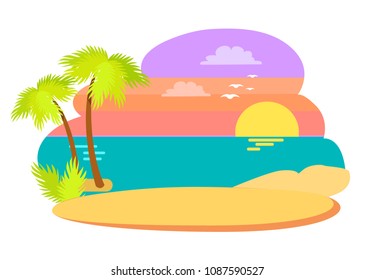 Coast in summertime season evening summer seaside with sunset and reflection on the water, palms and birds vector illutration isolated on white background