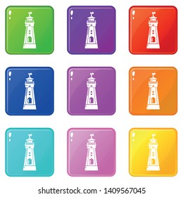 Coast tower icons set 9 color collection isolated on white for any design