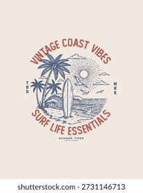 Coast Vibes Surf Life Essentials Tropical Beach Scene Vintage Style graphic tee illustration templates