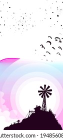 coast village with windmill vector art for child book and gift card. A flat vector gradation art windmill dual tone