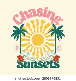 coastal apparel graphic featuring a vibrant, textured yellow sunburst rising above curling ocean waves. Flanked by two green palm trees and decorated with red hibiscus-style flowers at the base, the layout showcases bold, distressed groovy typography reading 