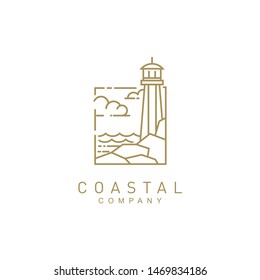 Coastal Beach With Lighthouse Logo Design Template